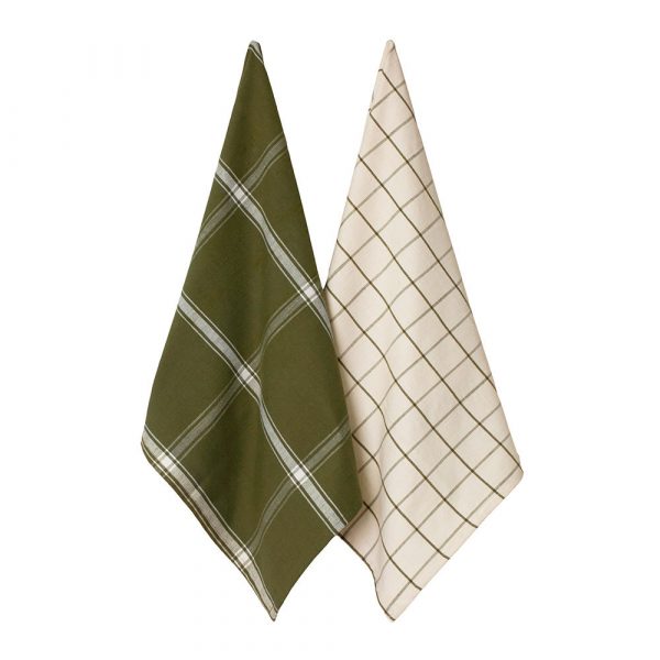 Check 2 Pack Tea Towels 50x70cm Olive & Sand