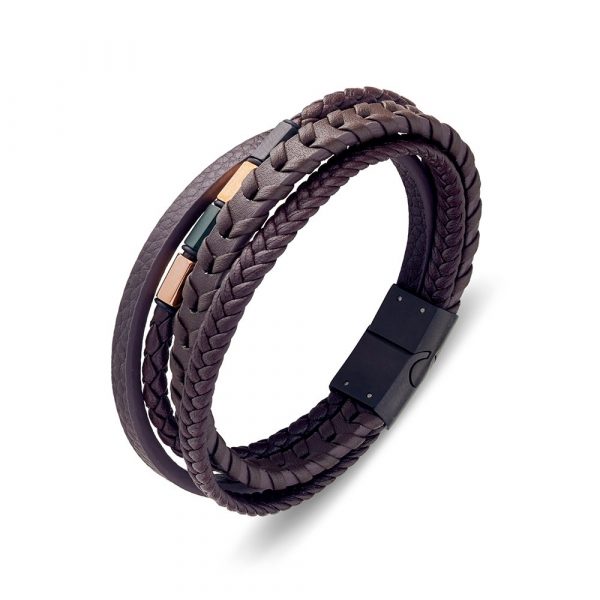 Storm Stainless Steel Brown Leather Bangle