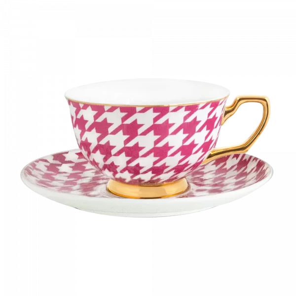 Fuchsia Houndstooth Teacup & Saucer