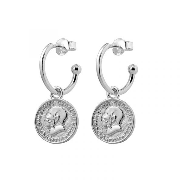 Juliet Silver Half Hoop Earrings with Coin Charm